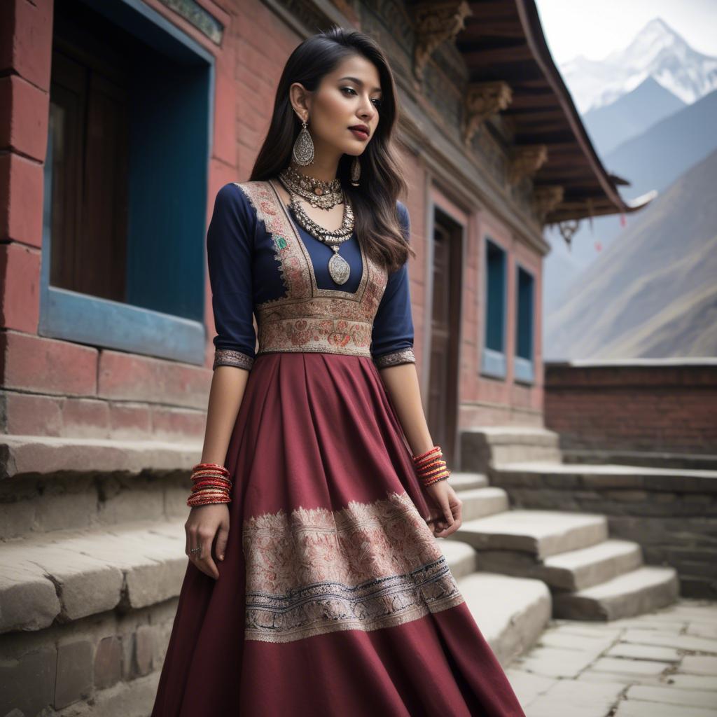 A stunning image of nepalese charm blending a modern dress with subtle himalayan cultural accents.