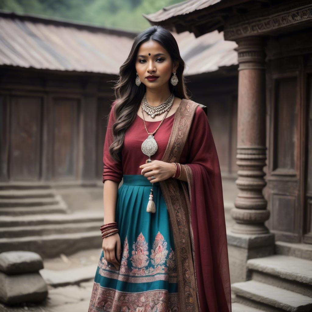 A stunning image of nepalese charm blending a modern dress with subtle himalayan cultural accents.