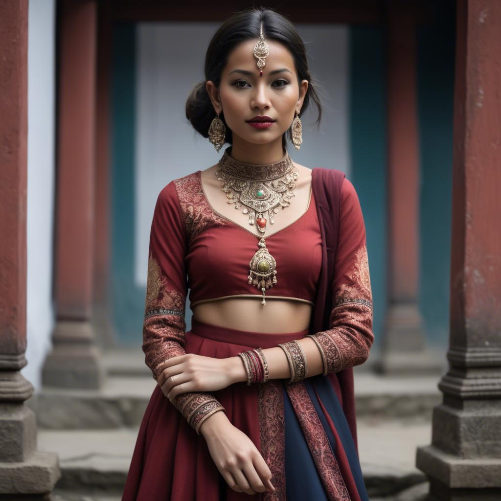 A stunning image of nepalese charm blending a modern dress with subtle himalayan cultural accents.