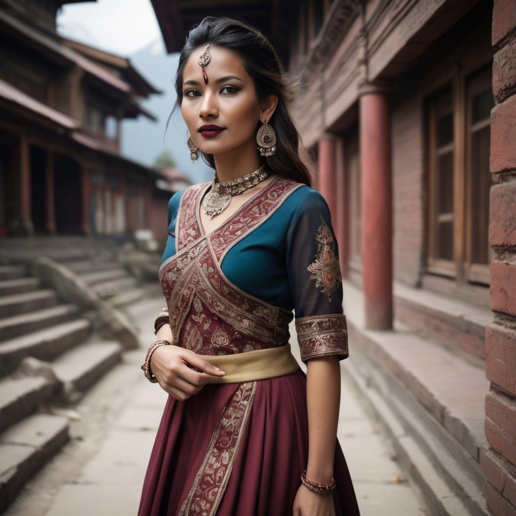 A stunning image of nepalese charm blending a modern dress with subtle himalayan cultural accents.