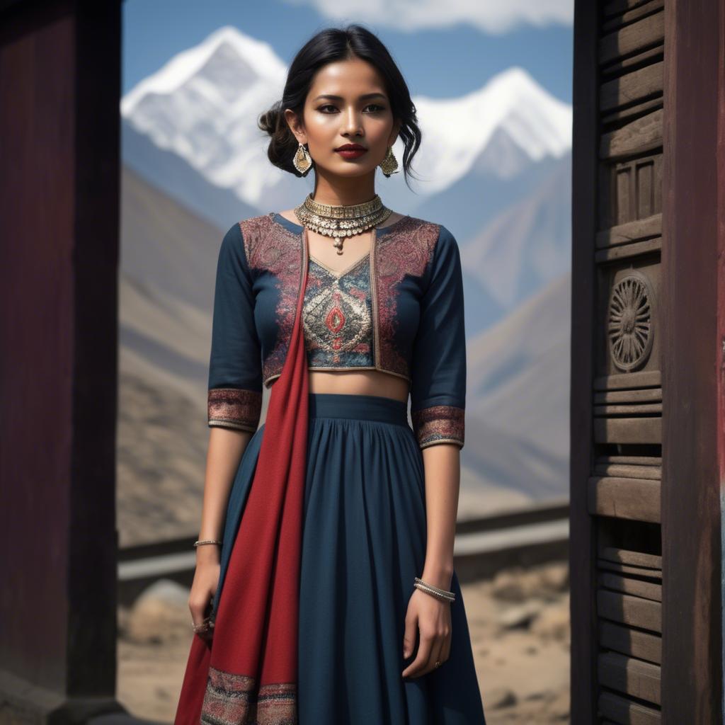 A stunning image of nepalese charm blending a modern dress with subtle himalayan cultural accents.