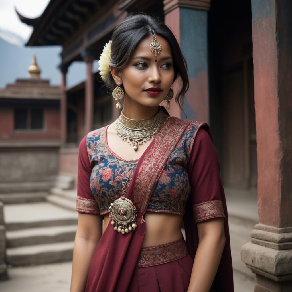 A stunning image of nepalese charm blending a modern dress with subtle himalayan cultural accents.