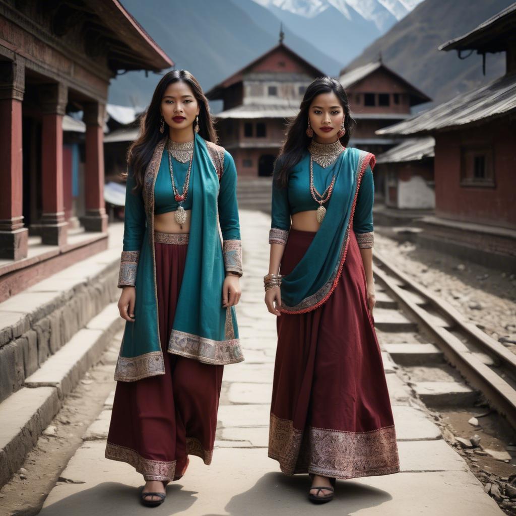 A stunning image of nepalese charm blending a modern dress with subtle himalayan cultural accents.
