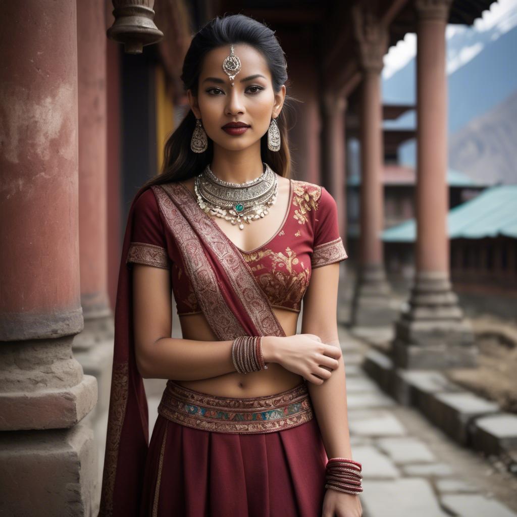 A stunning image of nepalese charm blending a modern dress with subtle himalayan cultural accents.