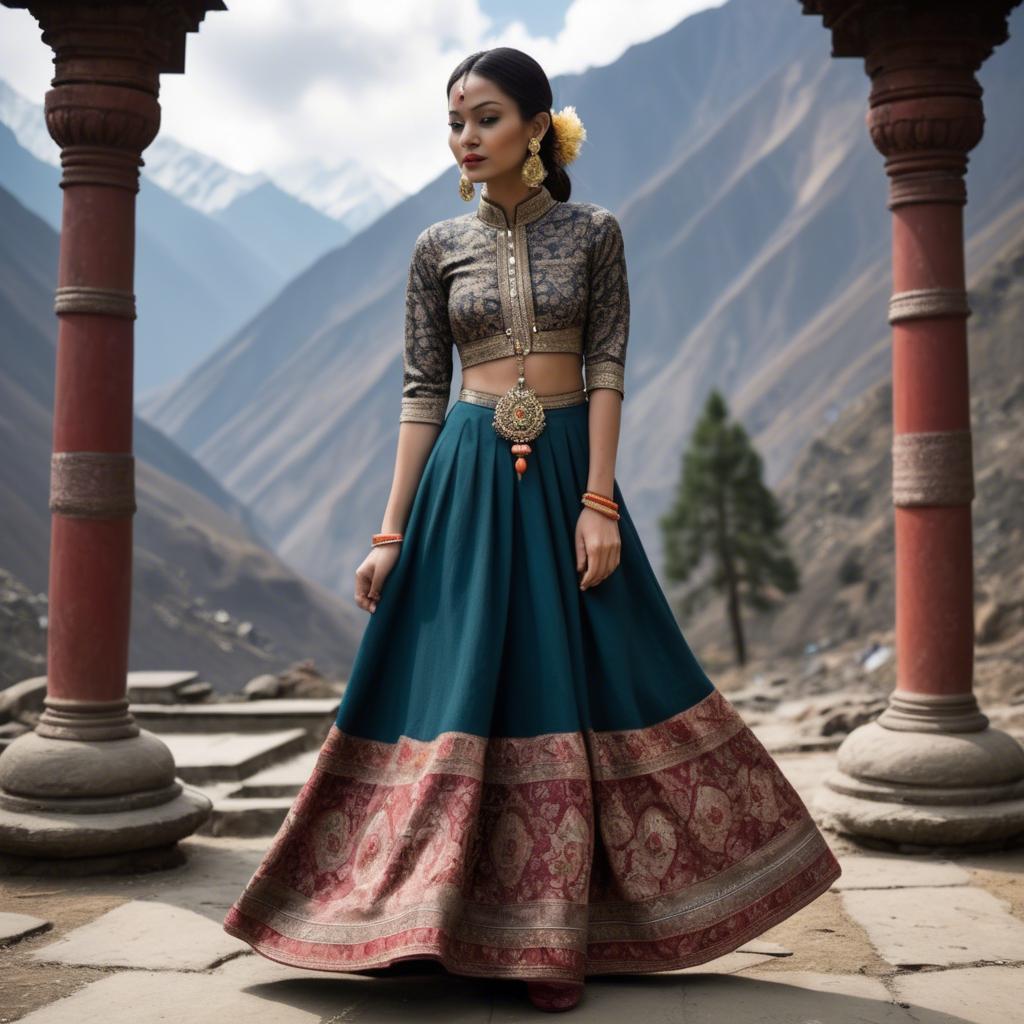 A stunning image of nepalese charm blending a modern dress with subtle himalayan cultural accents.
