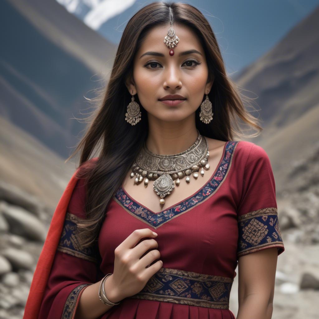 A stunning image of nepalese charm blending a modern dress with subtle himalayan cultural accents.