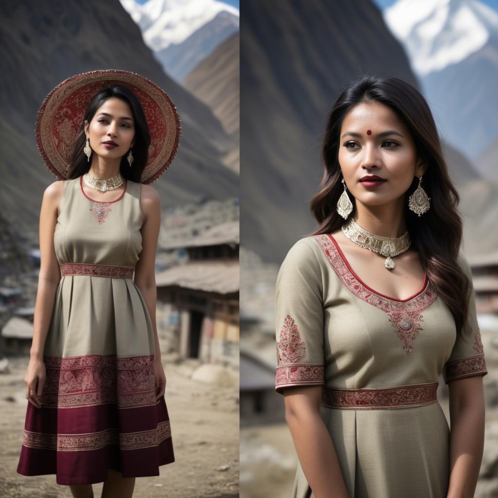 A stunning image of nepalese charm blending a modern dress with subtle himalayan cultural accents.