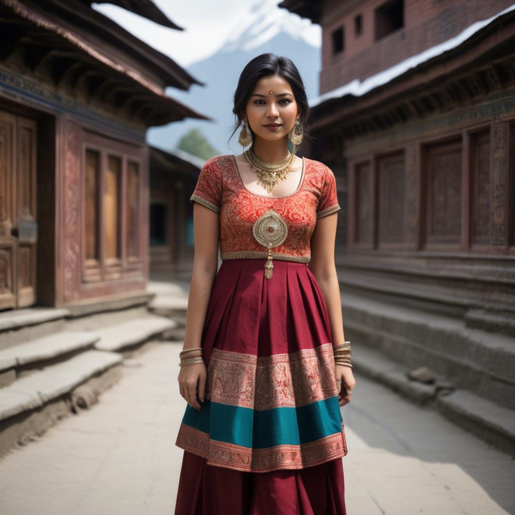 A stunning image of nepalese charm blending a modern dress with subtle himalayan cultural accents.