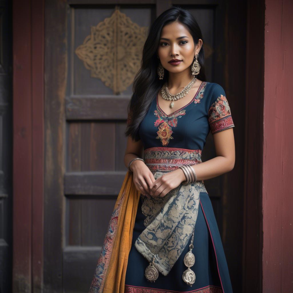A stunning image of nepalese charm blending a modern dress with subtle himalayan cultural accents.
