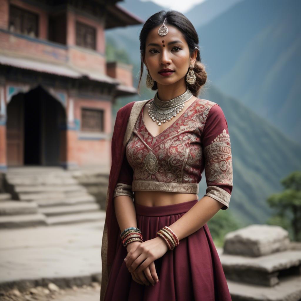 A stunning image of nepalese charm blending a modern dress with subtle himalayan cultural accents.