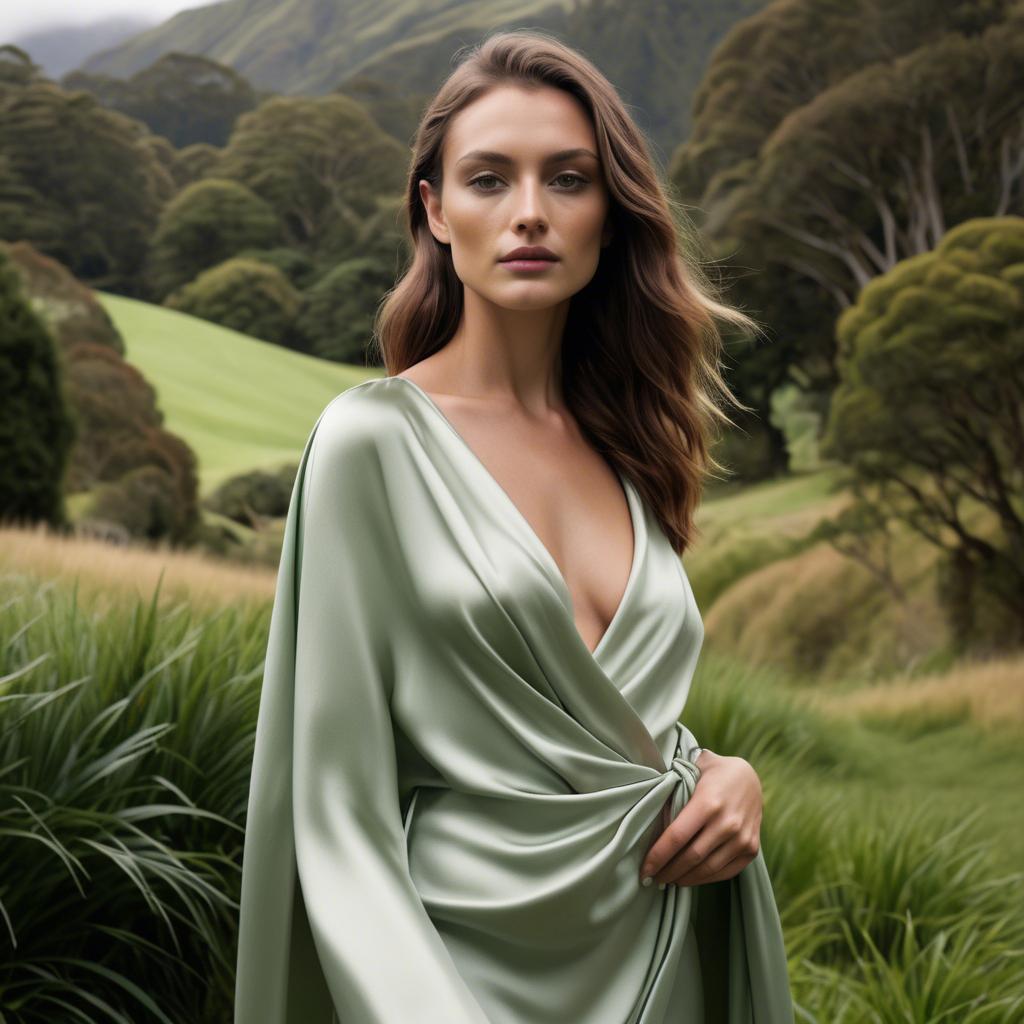 A stunning image of new zealand model draped in an elegant satin wrap set against lush green landscapes.
