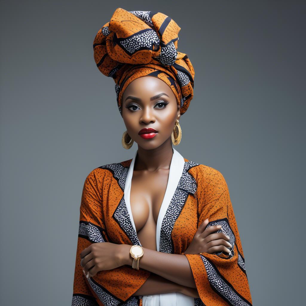 A stunning image of nigerian muse sporting a bold patterned headwrap blending modern style with tradition.