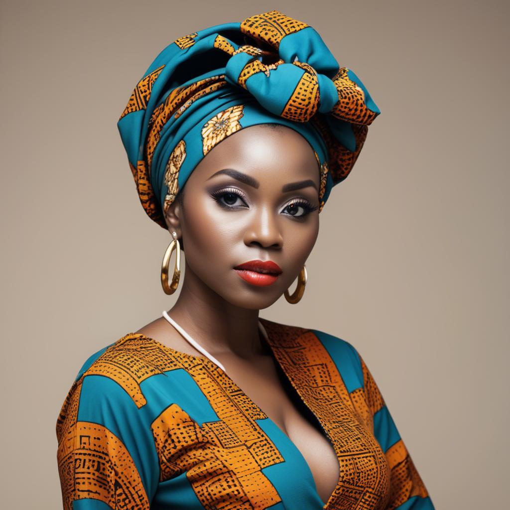 A stunning image of nigerian muse sporting a bold patterned headwrap blending modern style with tradition.