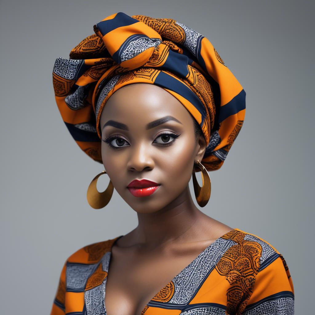 A stunning image of nigerian muse sporting a bold patterned headwrap blending modern style with tradition.