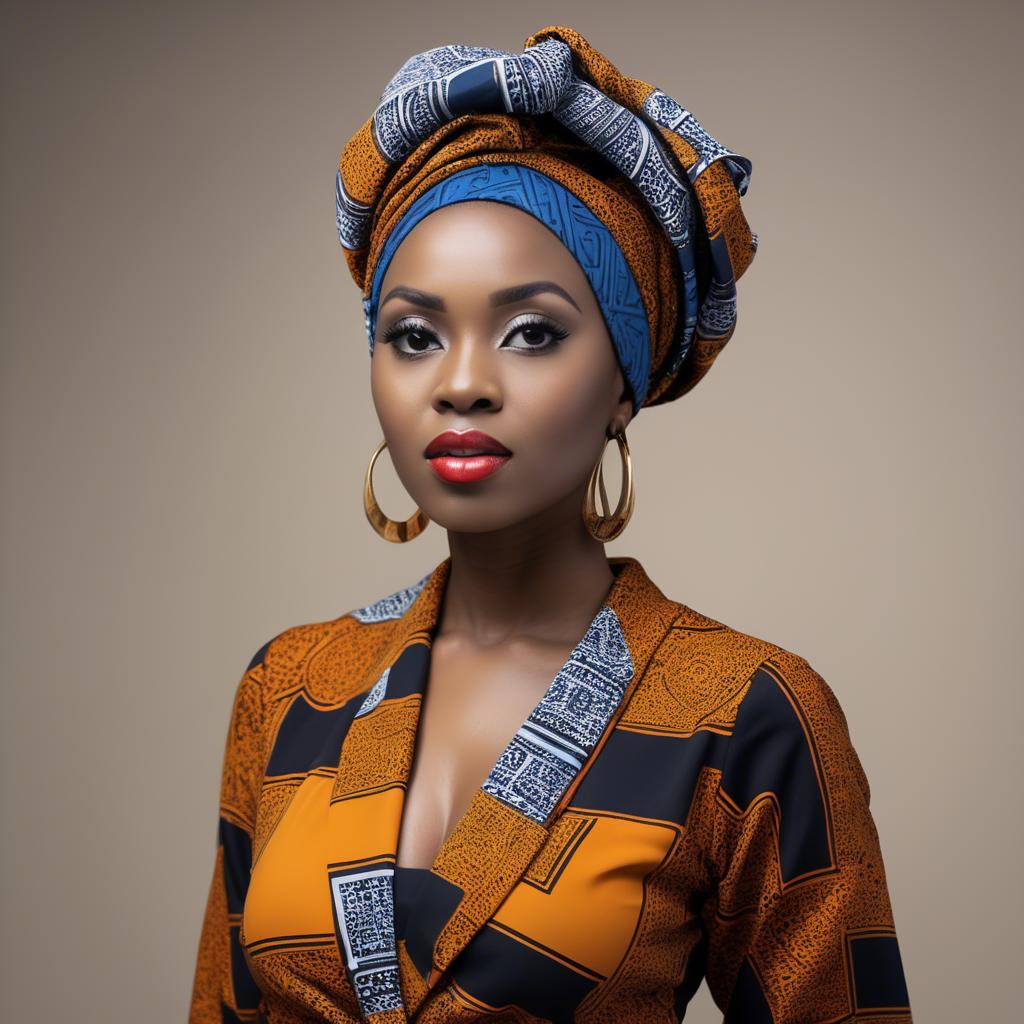 A stunning image of nigerian muse sporting a bold patterned headwrap blending modern style with tradition.