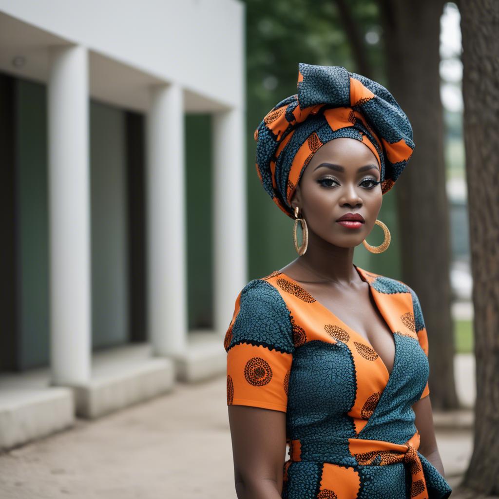 A stunning image of nigerian muse sporting a bold patterned headwrap blending modern style with tradition.