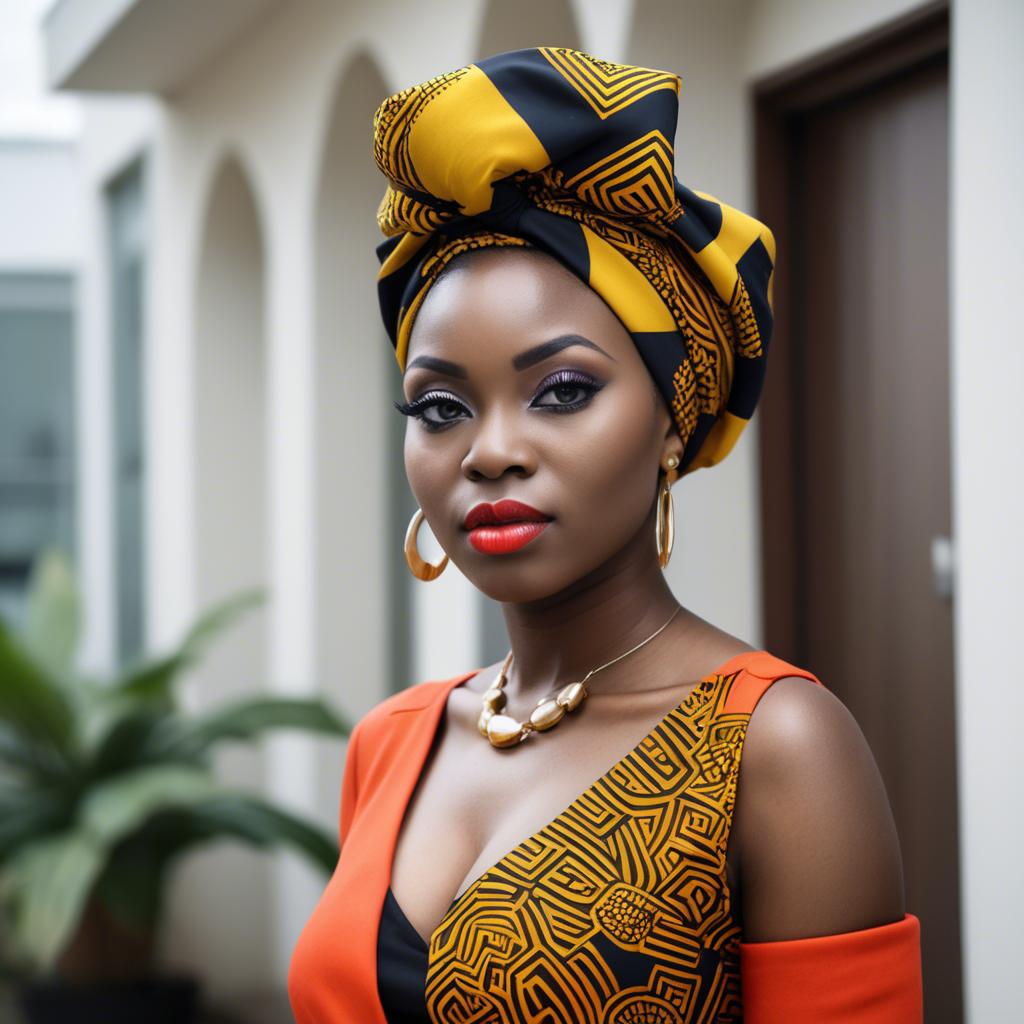 A stunning image of nigerian muse sporting a bold patterned headwrap blending modern style with tradition.