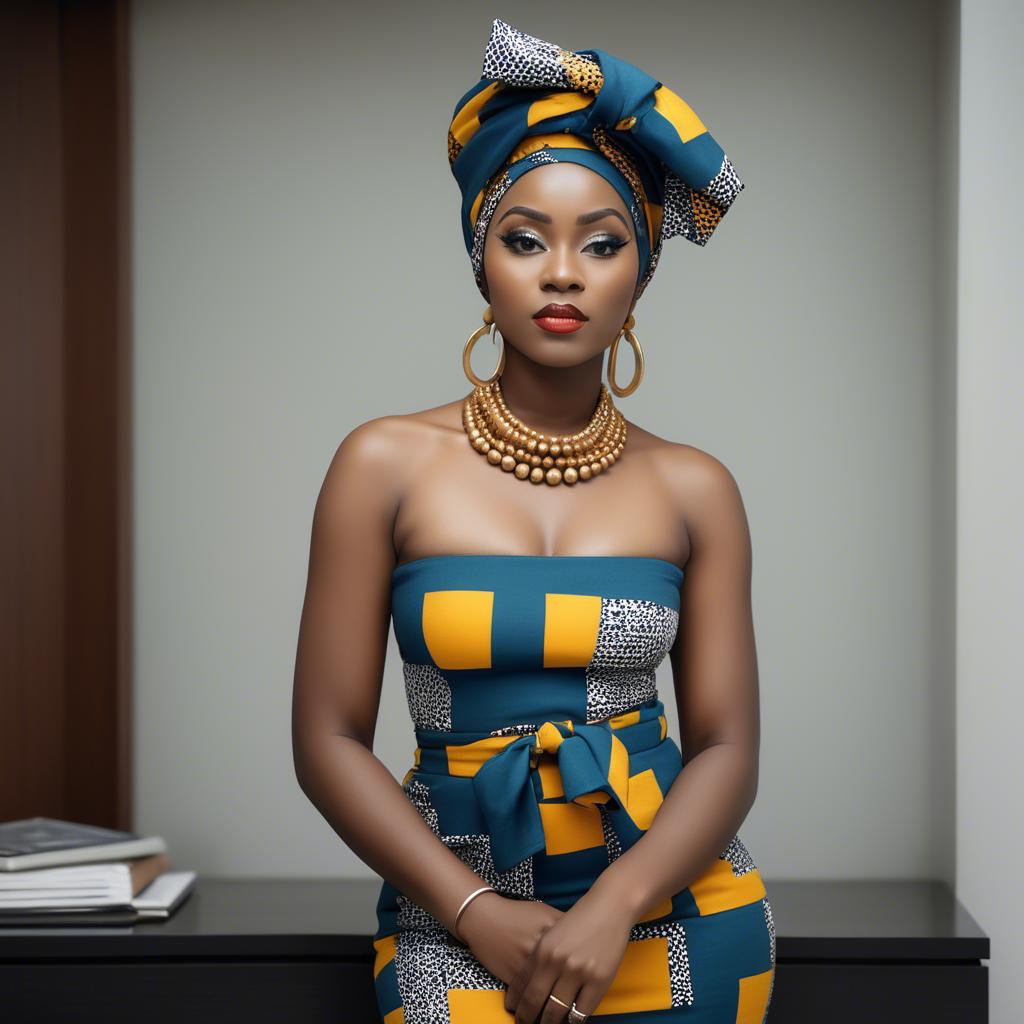 A stunning image of nigerian muse sporting a bold patterned headwrap blending modern style with tradition.
