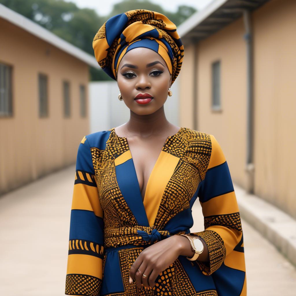 A stunning image of nigerian muse sporting a bold patterned headwrap blending modern style with tradition.