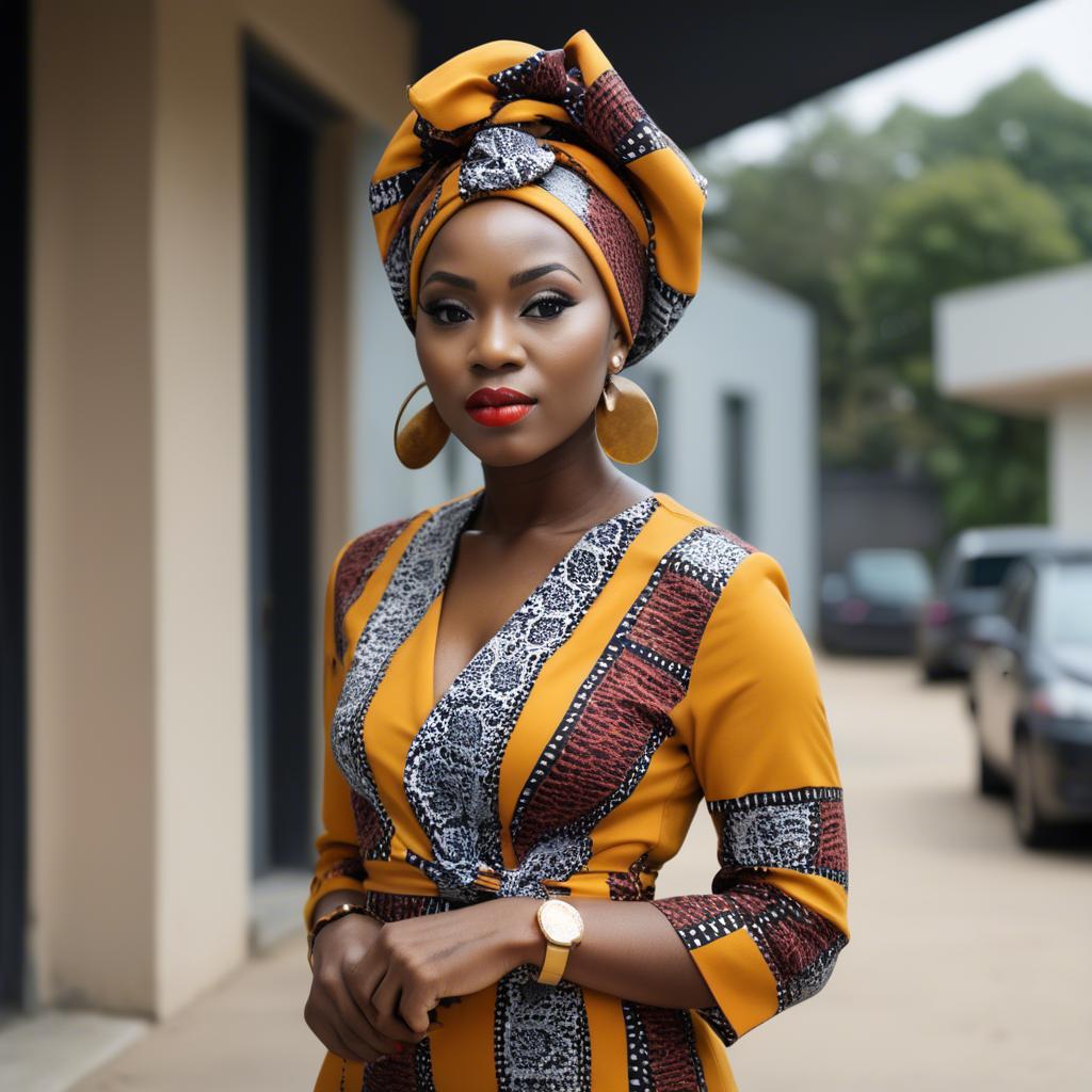 A stunning image of nigerian muse sporting a bold patterned headwrap blending modern style with tradition.
