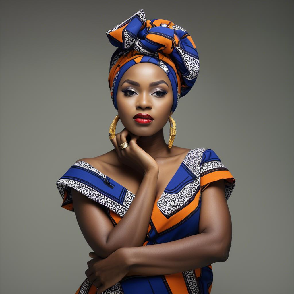 A stunning image of nigerian muse sporting a bold patterned headwrap blending modern style with tradition.