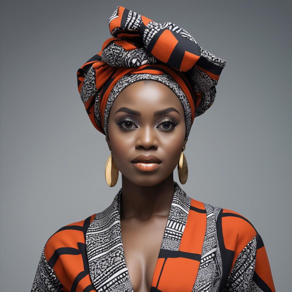 A stunning image of nigerian muse sporting a bold patterned headwrap blending modern style with tradition.