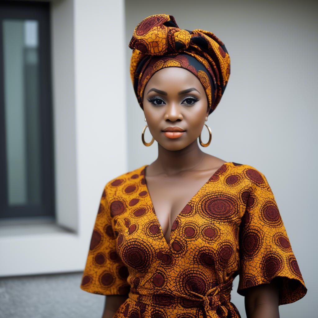 A stunning image of nigerian muse sporting a bold patterned headwrap blending modern style with tradition.