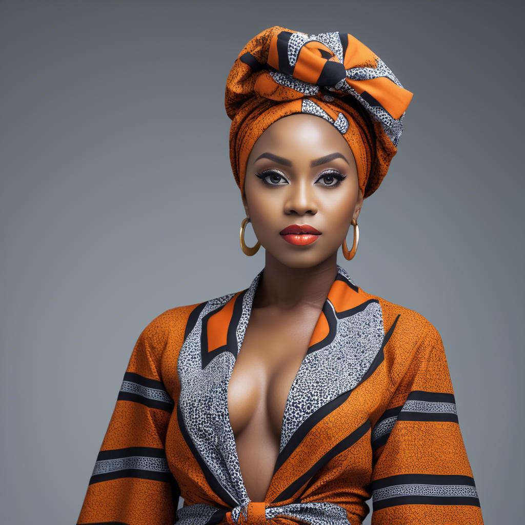 A stunning image of nigerian muse sporting a bold patterned headwrap blending modern style with tradition.