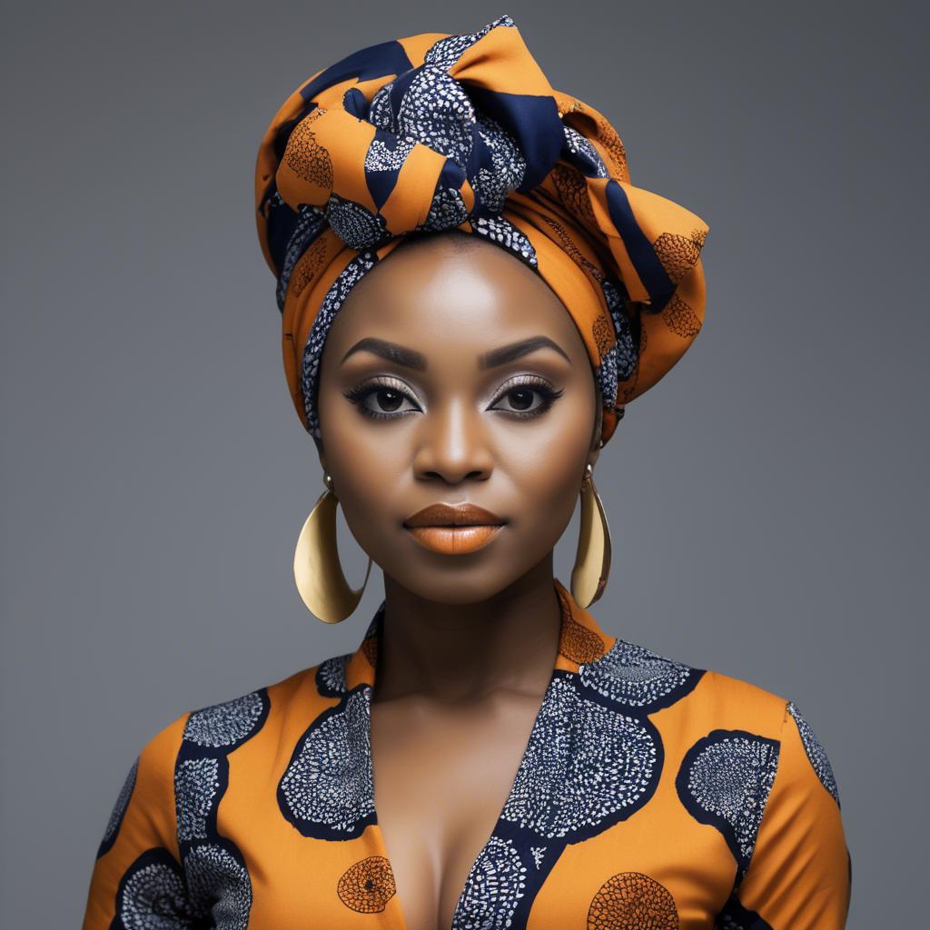 A stunning image of nigerian muse sporting a bold patterned headwrap blending modern style with tradition.