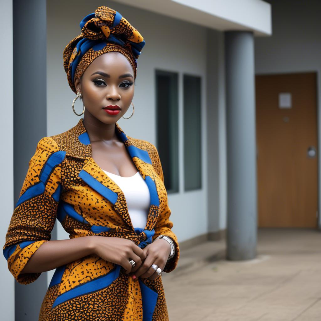 A stunning image of nigerian muse sporting a bold patterned headwrap blending modern style with tradition.