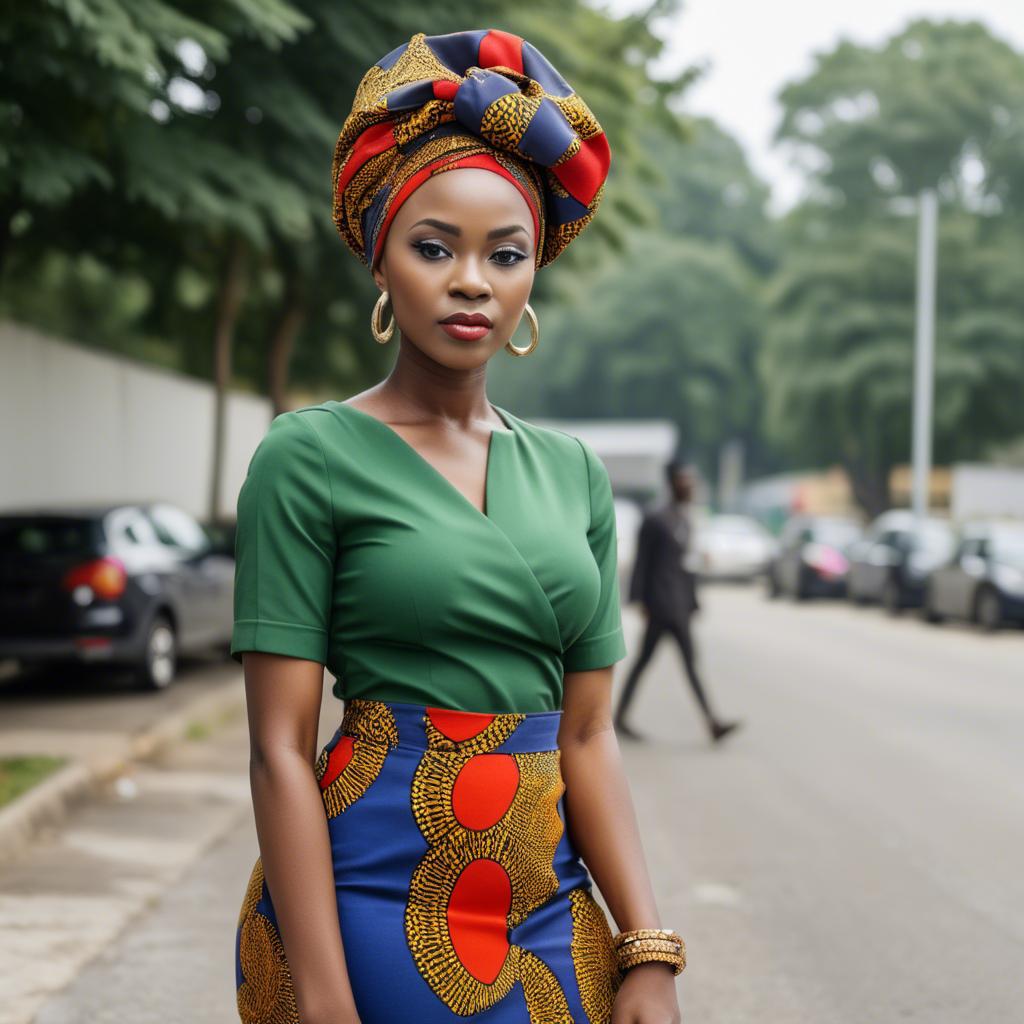 A stunning image of nigerian muse sporting a bold patterned headwrap blending modern style with tradition.