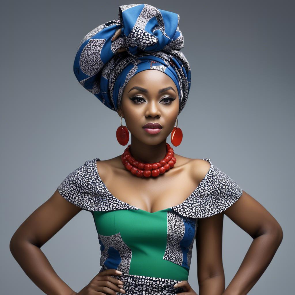 A stunning image of nigerian muse sporting a bold patterned headwrap blending modern style with tradition.