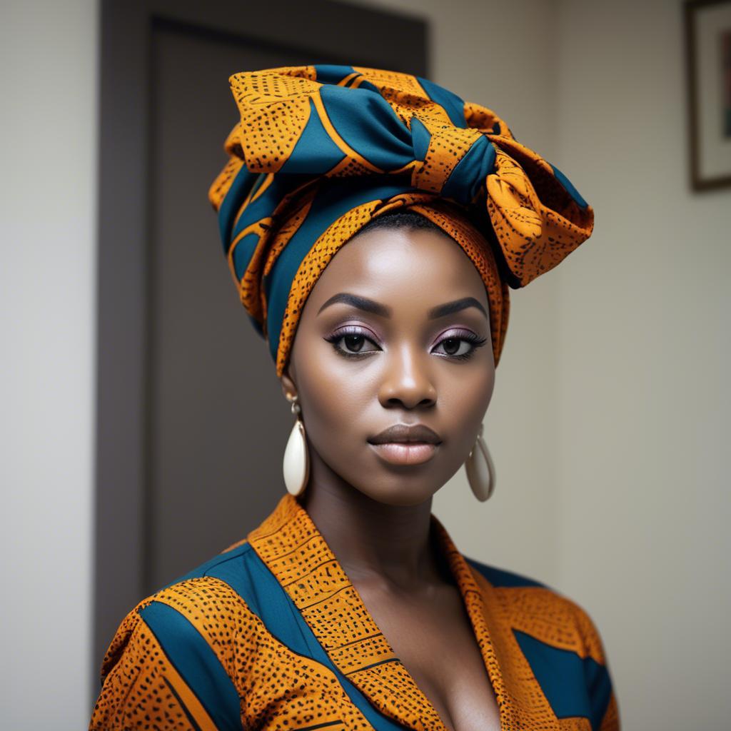 A stunning image of nigerian muse sporting a bold patterned headwrap blending modern style with tradition.