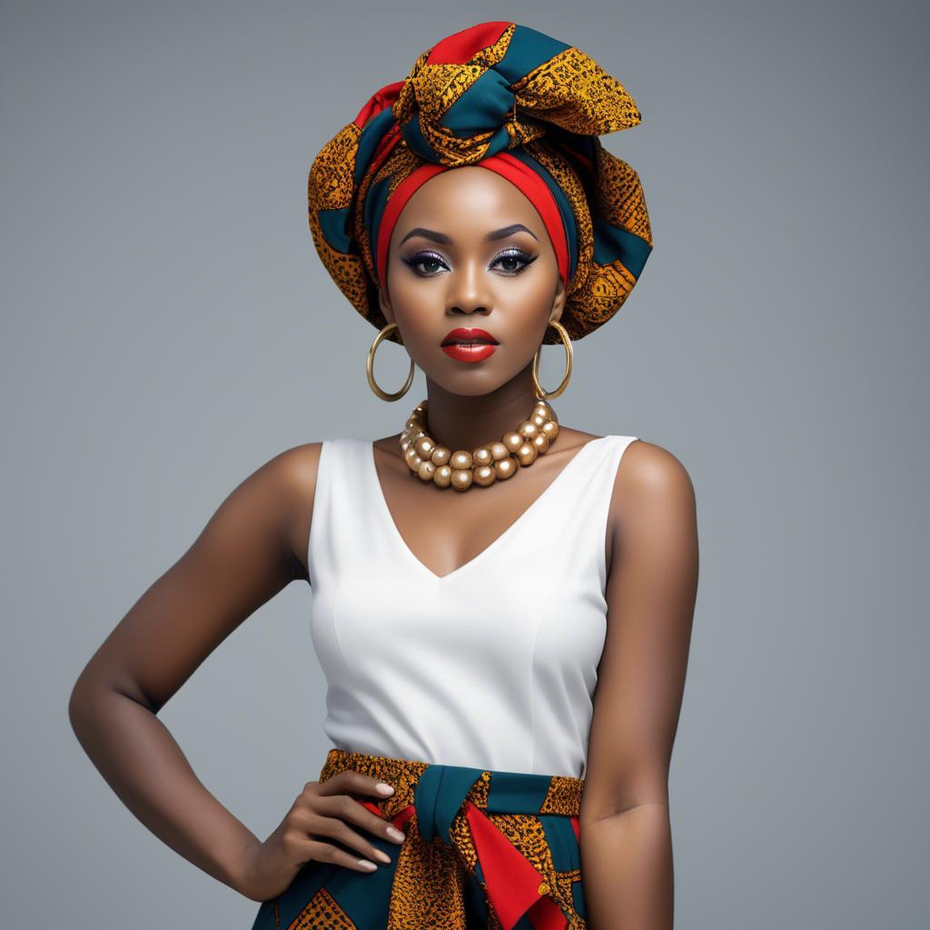 A stunning image of nigerian muse sporting a bold patterned headwrap blending modern style with tradition.