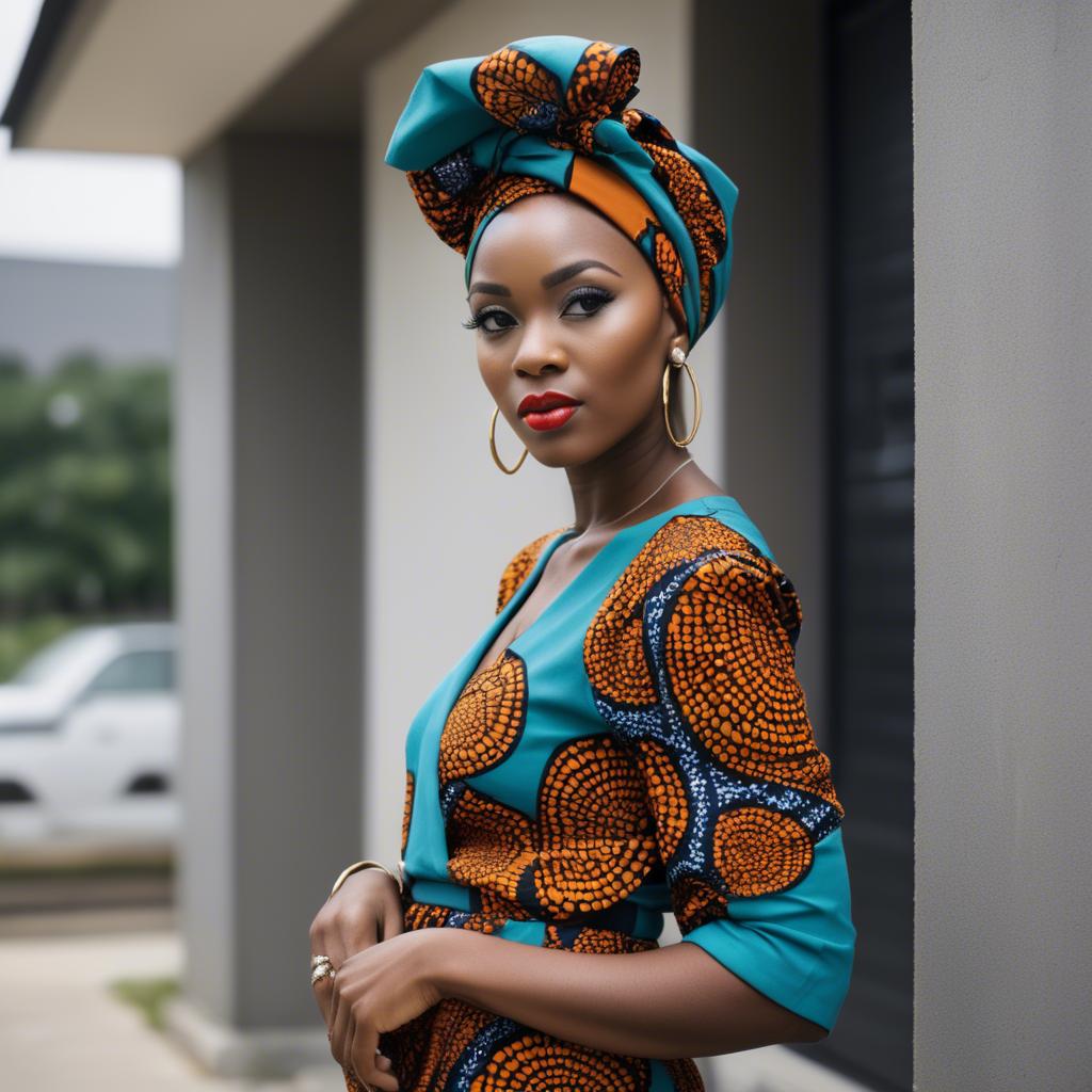A stunning image of nigerian muse sporting a bold patterned headwrap blending modern style with tradition.