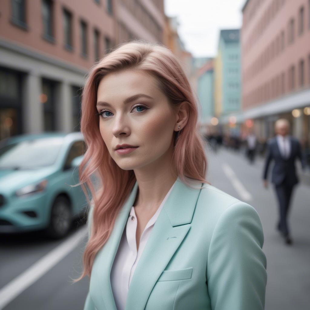 A stunning image of norwegian muse in a tailored pastel suit capturing a chic urban vibe in soft focus.