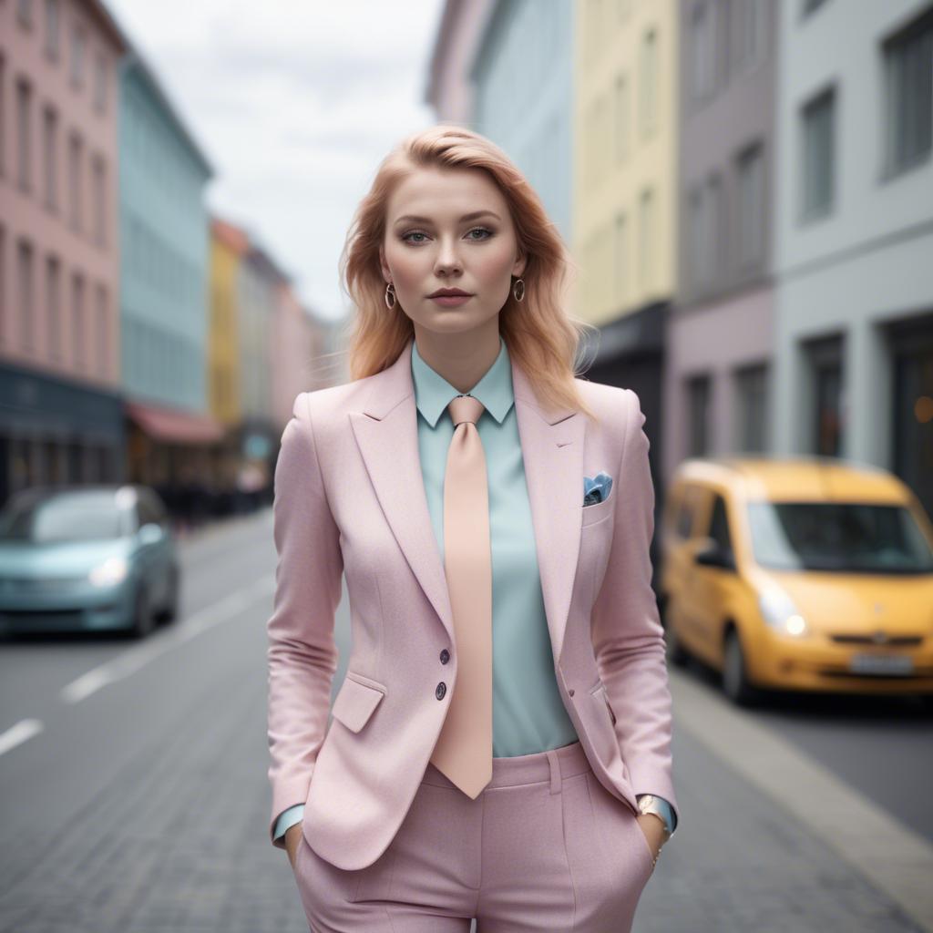 A stunning image of norwegian muse in a tailored pastel suit capturing a chic urban vibe in soft focus.
