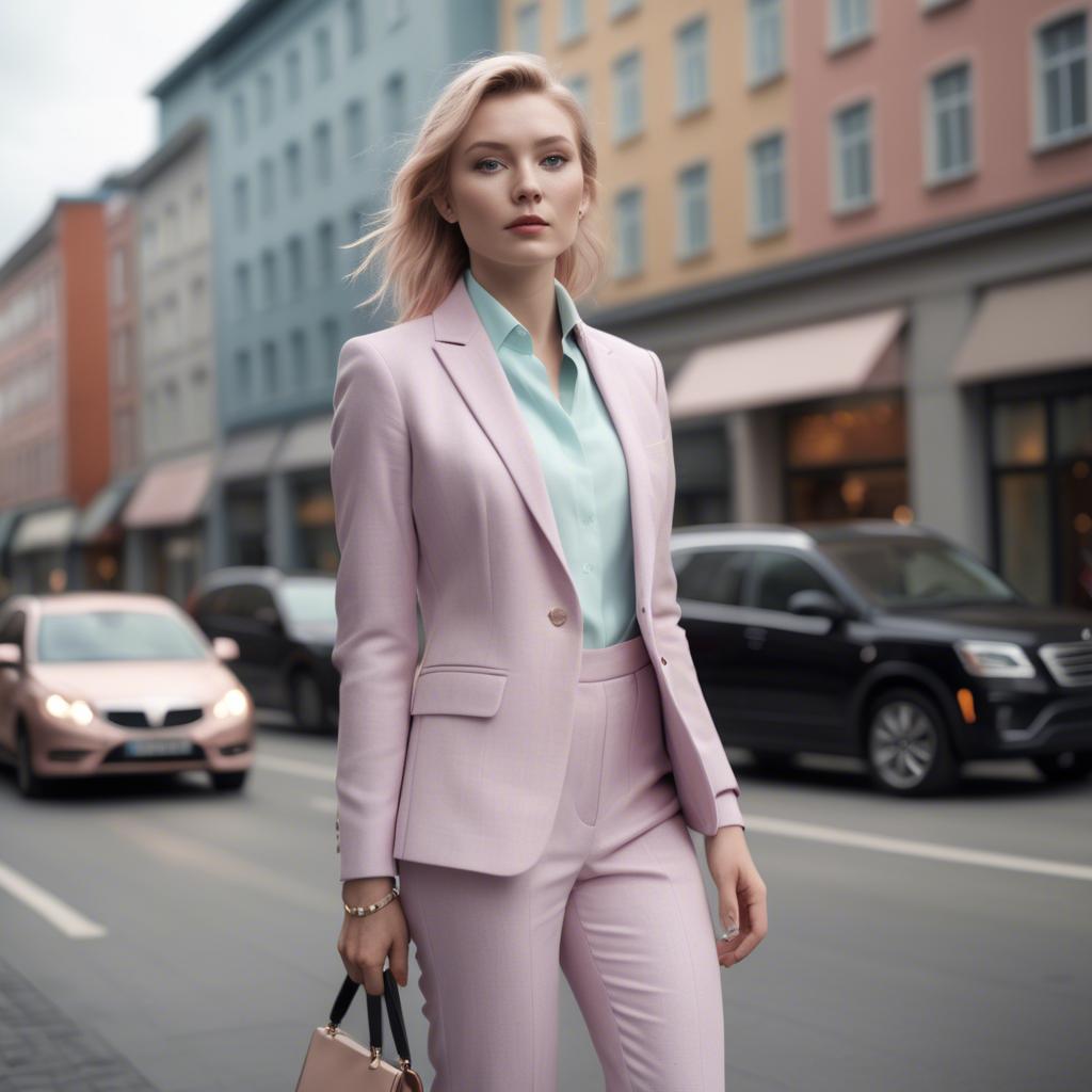 A stunning image of norwegian muse in a tailored pastel suit capturing a chic urban vibe in soft focus.