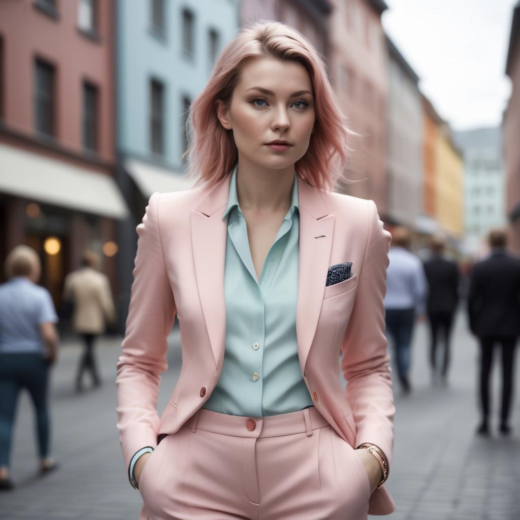 A stunning image of norwegian muse in a tailored pastel suit capturing a chic urban vibe in soft focus.
