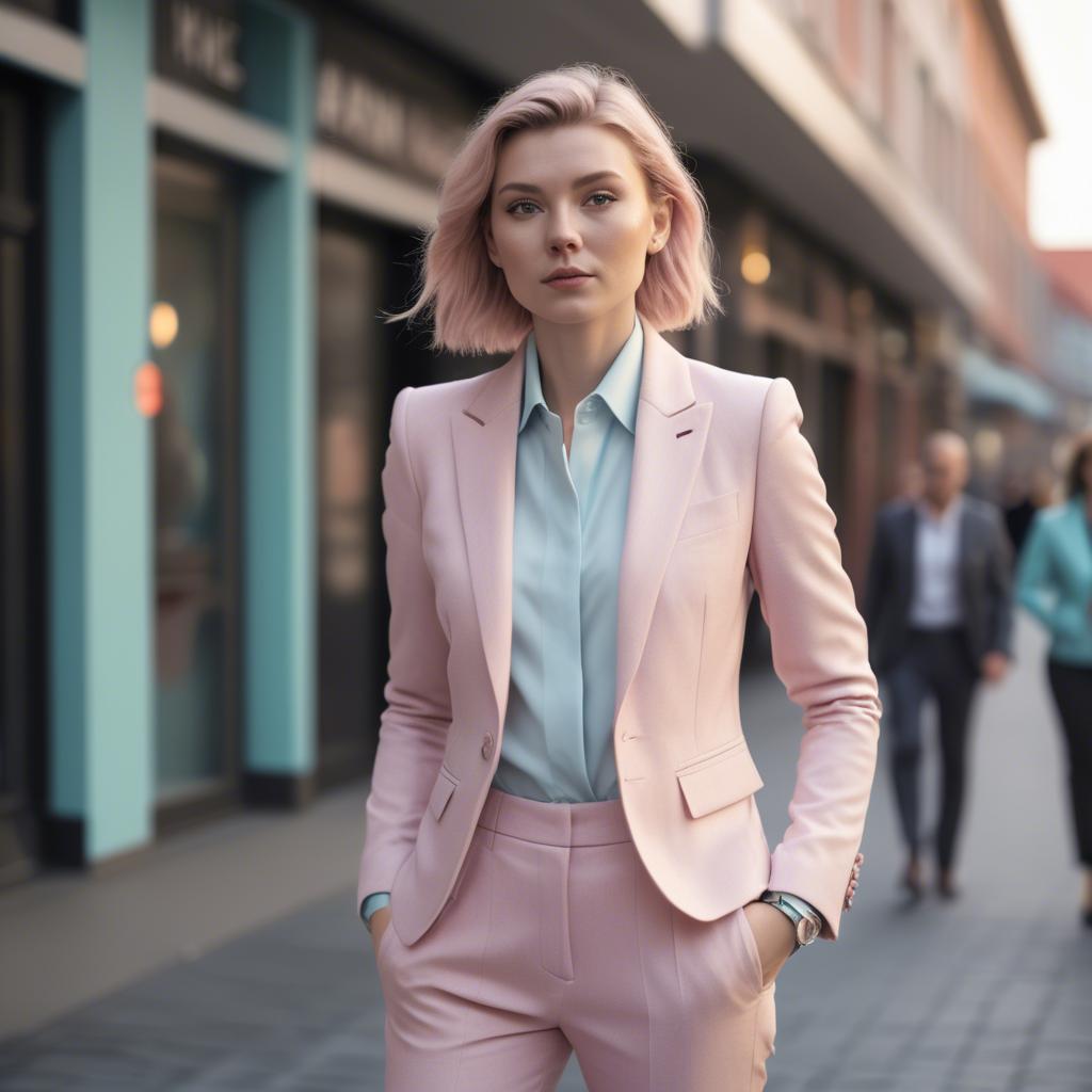 A stunning image of norwegian muse in a tailored pastel suit capturing a chic urban vibe in soft focus.