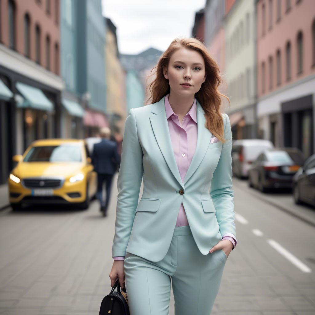 A stunning image of norwegian muse in a tailored pastel suit capturing a chic urban vibe in soft focus.