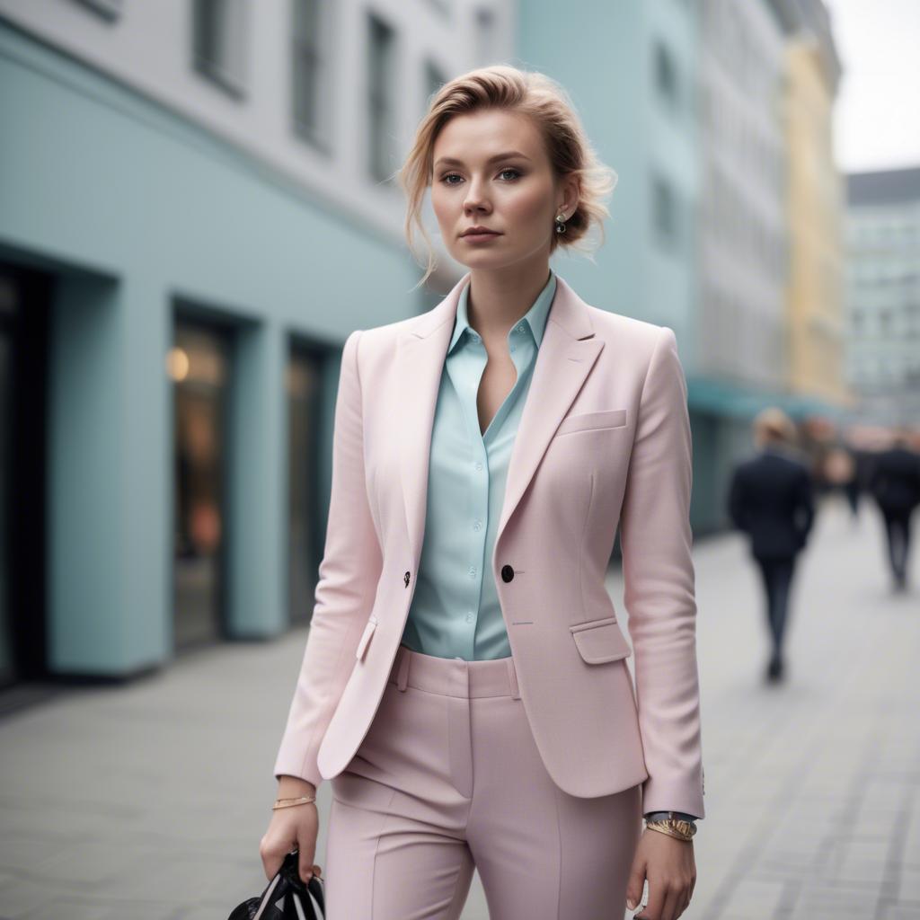 A stunning image of norwegian muse in a tailored pastel suit capturing a chic urban vibe in soft focus.