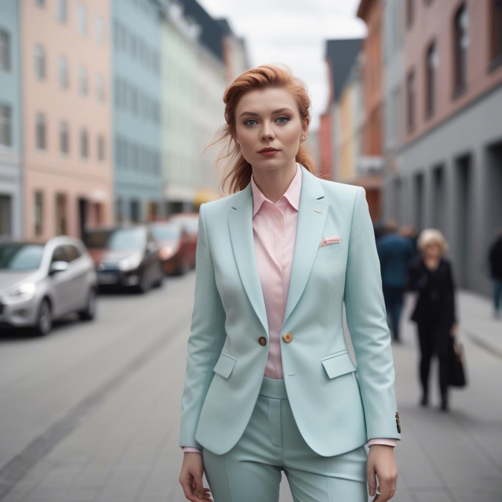 A stunning image of norwegian muse in a tailored pastel suit capturing a chic urban vibe in soft focus.