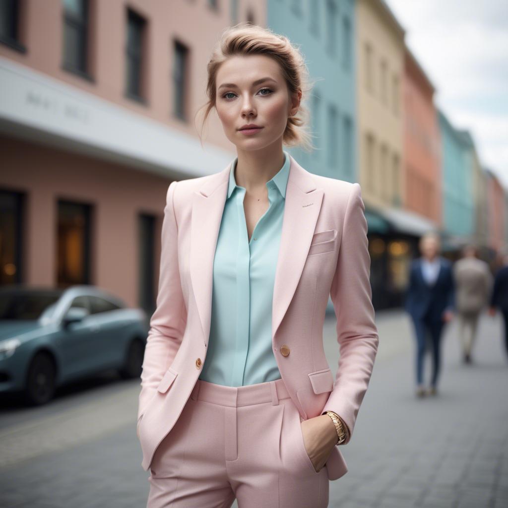 A stunning image of norwegian muse in a tailored pastel suit capturing a chic urban vibe in soft focus.