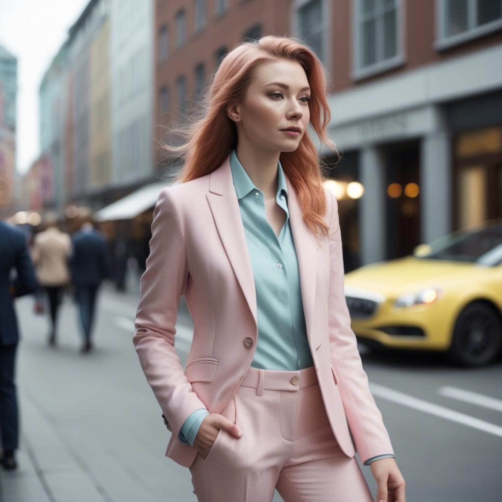 A stunning image of norwegian muse in a tailored pastel suit capturing a chic urban vibe in soft focus.