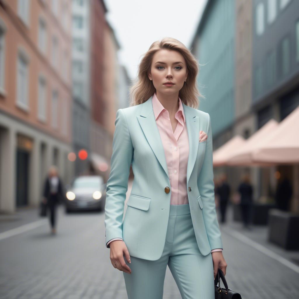 A stunning image of norwegian muse in a tailored pastel suit capturing a chic urban vibe in soft focus.