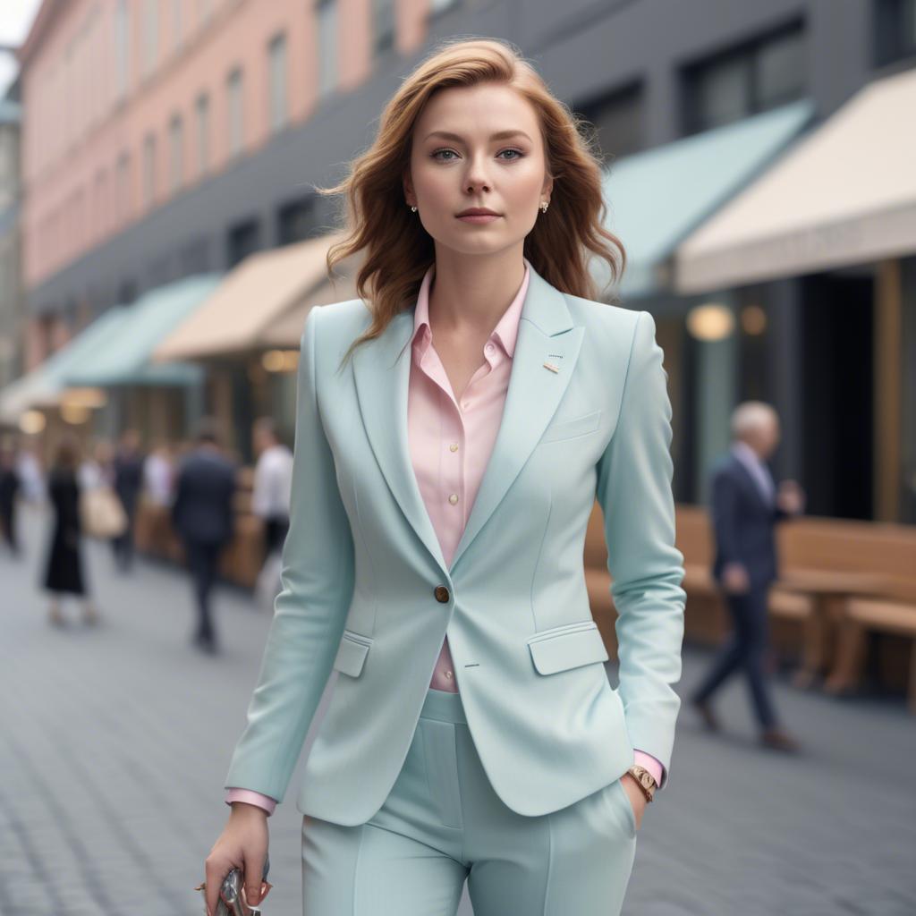 A stunning image of norwegian muse in a tailored pastel suit capturing a chic urban vibe in soft focus.