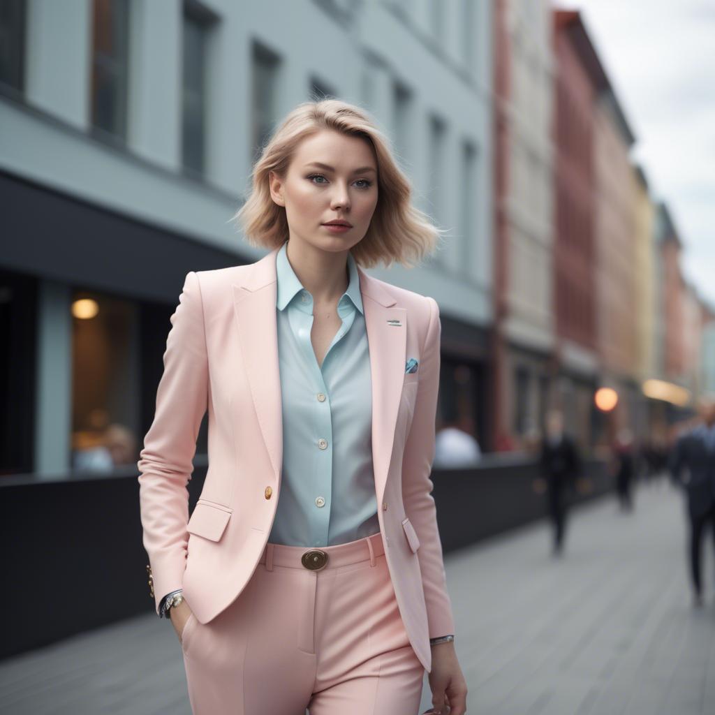 A stunning image of norwegian muse in a tailored pastel suit capturing a chic urban vibe in soft focus.