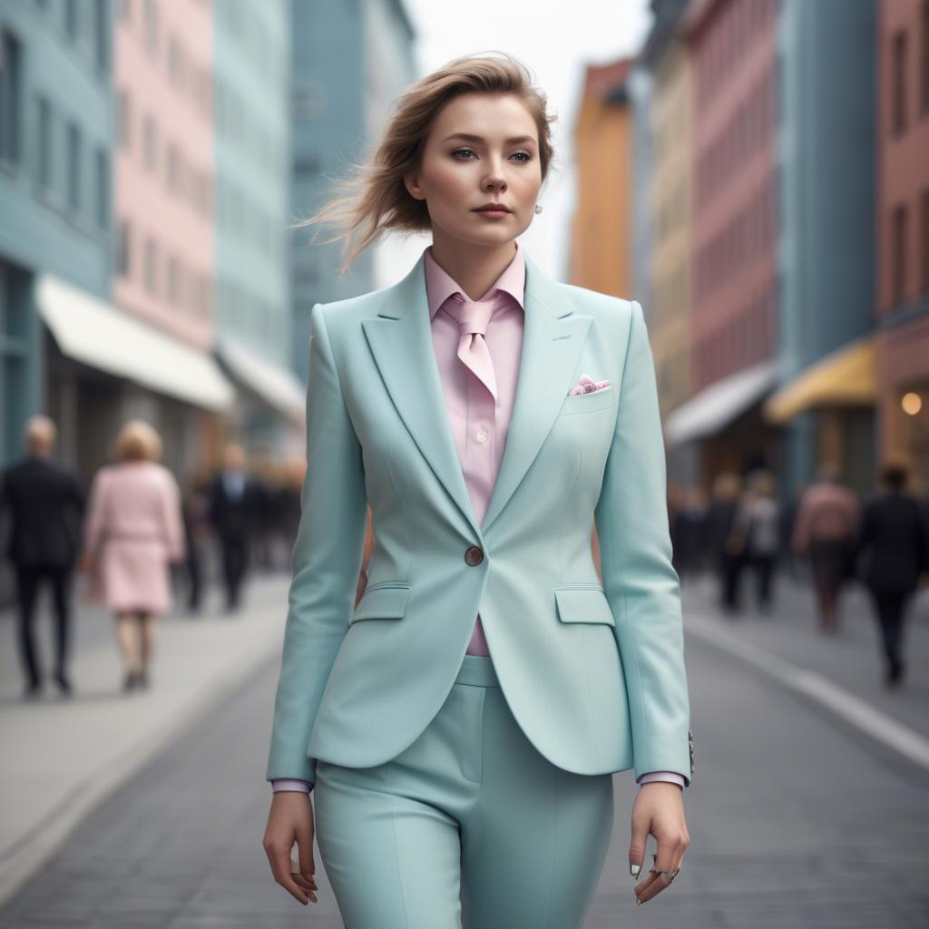 A stunning image of norwegian muse in a tailored pastel suit capturing a chic urban vibe in soft focus.