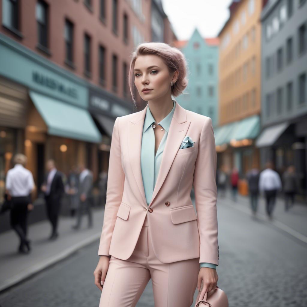 A stunning image of norwegian muse in a tailored pastel suit capturing a chic urban vibe in soft focus.